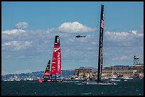 USA boat gaining on New Zealand boat during upwind leg of America's cup decisive race. San Francisco, California, USA (color)