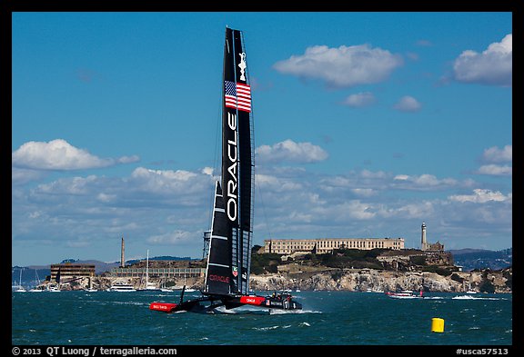 Oracle Team USA AC72 America's cup boat and Alcatraz Island. San Francisco, California, USA