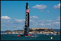 Oracle Team USA AC72 America's cup boat and Alcatraz Island. San Francisco, California, USA (color)