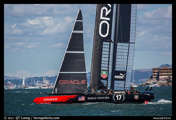Crew in action on USA boat during victorious final race. San Francisco, California, USA (color)
