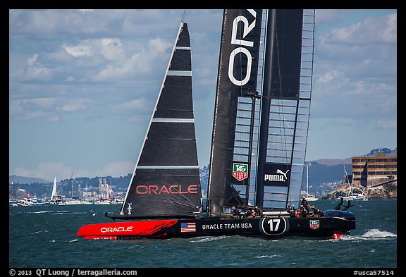 Crew in action on USA boat during victorious final race. San Francisco, California, USA