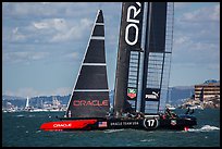 Crew in action on USA boat during victorious final race. San Francisco, California, USA (color)