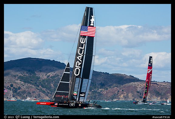 USA boat leading New Zealand boat during upwind leg of America's cup final race. San Francisco, California, USA (color)