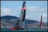 USA boat leading New Zealand boat during upwind leg of America's cup final race. San Francisco, California, USA (color)