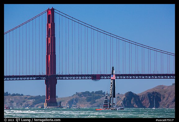 Oracle Team USA boat in front of Golden Gate Bridge during Sept 25 final race. San Francisco, California, USA