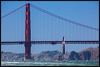 Oracle Team USA boat in front of Golden Gate Bridge during Sept 25 final race. San Francisco, California, USA (color)