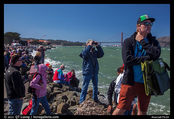 Spectators following America's Cup decisive race from shore. San Francisco, California, USA (color)