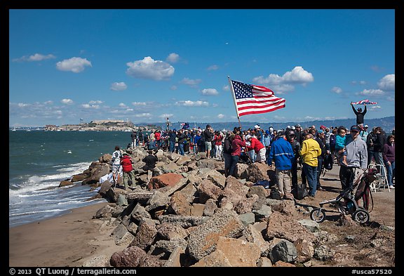 Spectators cheering during America's Cup decisive race. San Francisco, California, USA (color)