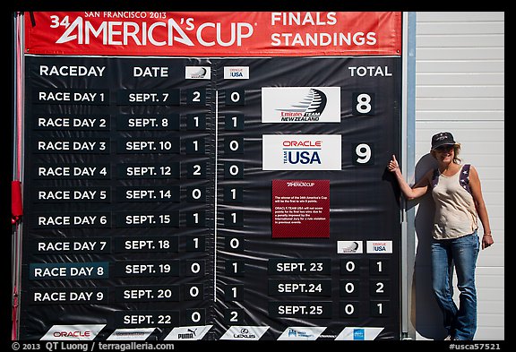 Woman with patriotic gear standing next to final scoreboard. San Francisco, California, USA (color)