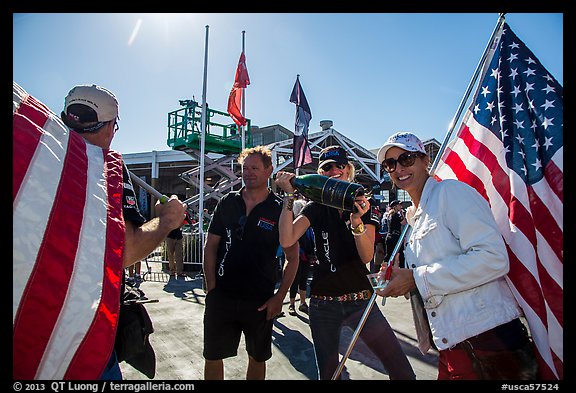 Supporters of team USA celebrating victory in America's Cup. San Francisco, California, USA (color)