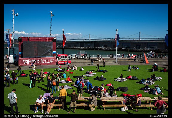 Synthetic lawn and giant screen, America's Cup Park. San Francisco, California, USA (color)