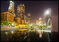 Fountain and skyscrappers at night, Pershing Square. Los Angeles, California, USA ( color)