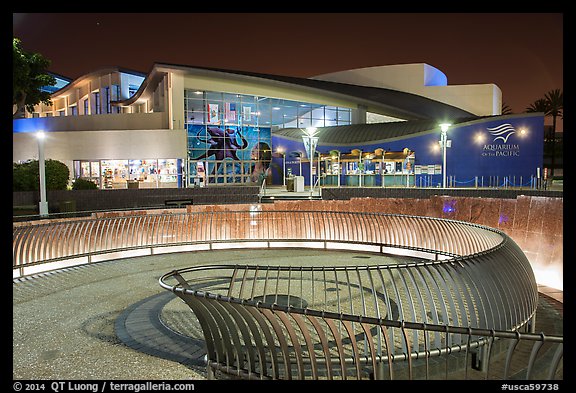 Aquarium of the Pacific facade at night. Long Beach, Los Angeles, California, USA (color)