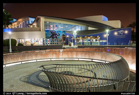 Aquarium of the Pacific facade at night. Long Beach, Los Angeles, California, USA