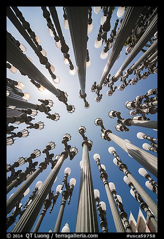 Looking up iron antique street lamps LACMA art installation. Los Angeles, California, USA (color)