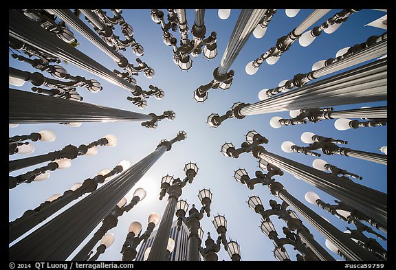 Looking up Chris Burden art installation of street lamps at LACMA. Los Angeles, California, USA (color)