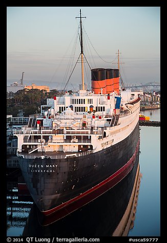 View of Queen Mary from behind and above. Long Beach, Los Angeles, California, USA (color)
