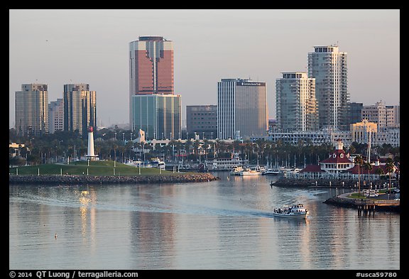 Harbor, lighthouse, and highrises. Long Beach, Los Angeles, California, USA (color)