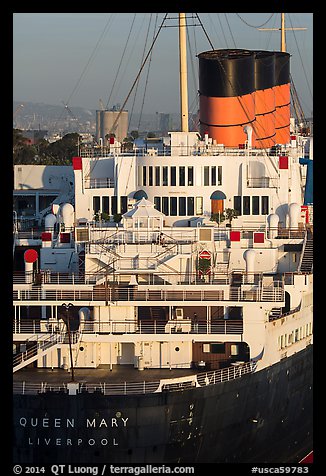 Queen Mary stern and smokestacks at sunrise. Long Beach, Los Angeles, California, USA (color)