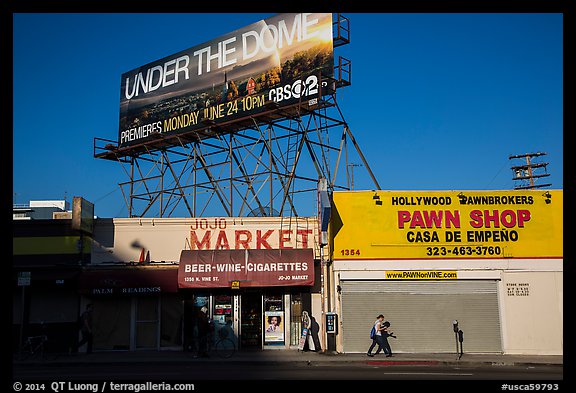 Street with liquor and pawn shops. Hollywood, Los Angeles, California, USA (color)
