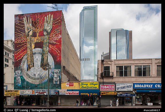 Broadway and high rises. Los Angeles, California, USA (color)