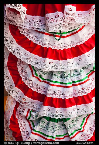 Detail of dresses with Mexican colors, El Pueblo. Los Angeles, California, USA (color)