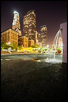 Fountain and high-rises at night, Pershing Square. Los Angeles, California, USA ( color)