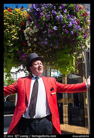 Man with red jacket, tie, and suit. Beverly Hills, Los Angeles, California, USA (color)