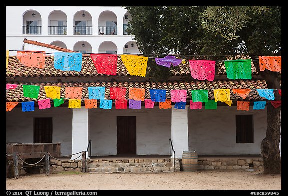 Colorful flags in courtyard. Santa Barbara, California, USA (color)