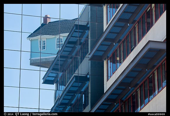 Reflection of Fallen Star sitting atop building, University of California. La Jolla, San Diego, California, USA (color)