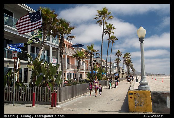 Beachfront houses and walkway, Mission Beach. San Diego, California, USA (color)