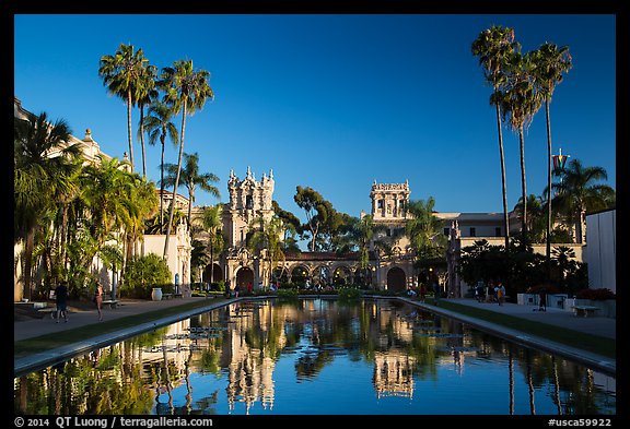 Casa de Balboa and House of Hospitality reflected in lily pond. San Diego, California, USA (color)