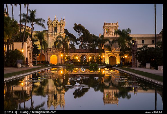 Casa de Balboa, Colonade, and House of Hospitality at dusk. San Diego, California, USA (color)