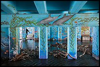 Man walking dog in underpass with mural, Leo Carrillo State Park. Los Angeles, California, USA ( color)