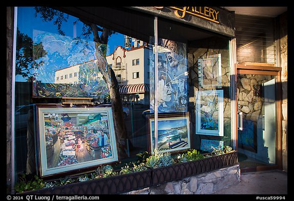 Reflection in art gallery window. Laguna Beach, Orange County, California, USA (color)