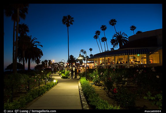 Restaurant near park at night. Laguna Beach, Orange County, California, USA (color)