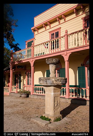 Fountain and Zanetta House, San Juan Bautista State Historical Park. San Juan Bautista, California, USA (color)