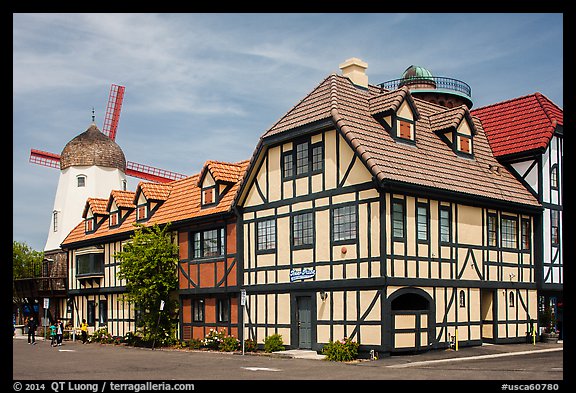 Half-timbered buildings and windmill. Solvang, California, USA