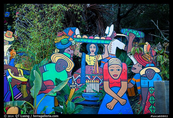Painted cutouts in garden. Big Sur, California, USA (color)
