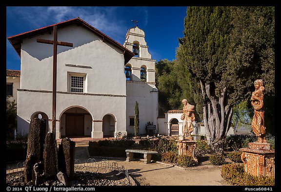 Church and bell tower, Mission San Juan Bautista. San Juan Bautista, California, USA (color)