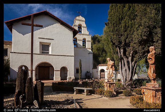 Church and bell tower, Mission San Juan Bautista. San Juan Bautista, California, USA (color)