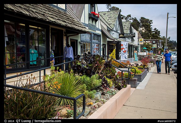 Shops and couple walking, Cambria. California, USA (color)