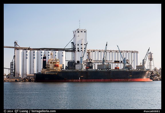 Grain silo and cargo boat, Stockton. California, USA (color)