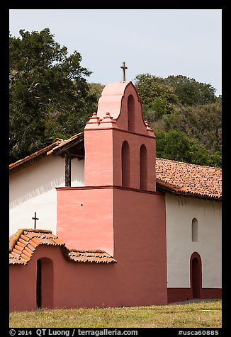 Bell tower, La Purisma Mission. Lompoc, California, USA (color)