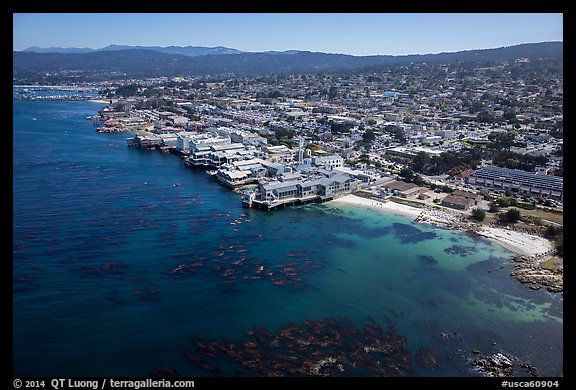 Aerial view of Aquarium and Cannery Row waterfront. Monterey, California, USA (color)