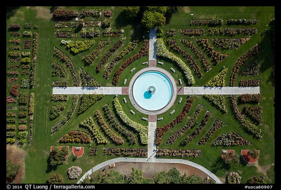 Aerial view of fontain in Rose Garden. San Jose, California, USA (color)