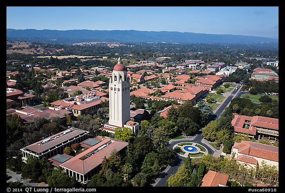 Aerial view of Hoover Tower and campus. Stanford University, California, USA (color)