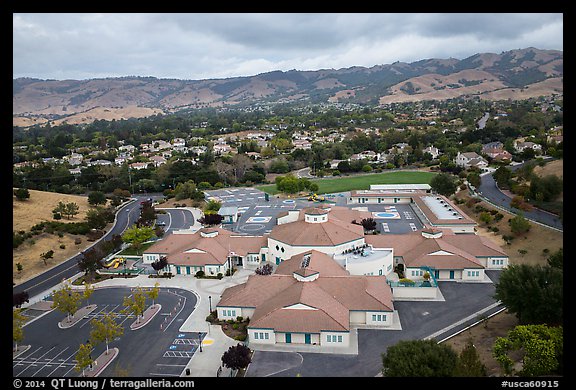 Aerial view of Silver Oak school and Evergreen hills. San Jose, California, USA (color)