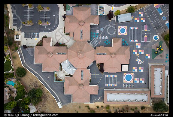Aerial view of Silver Oak school roofs and courtyards. San Jose, California, USA (color)