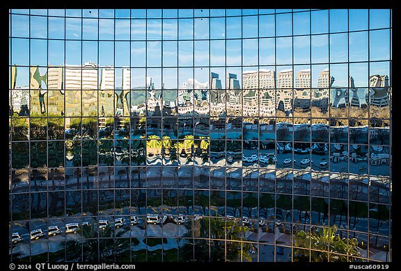 Aerial view of building with multiple glass walls. San Jose, California, USA (color)